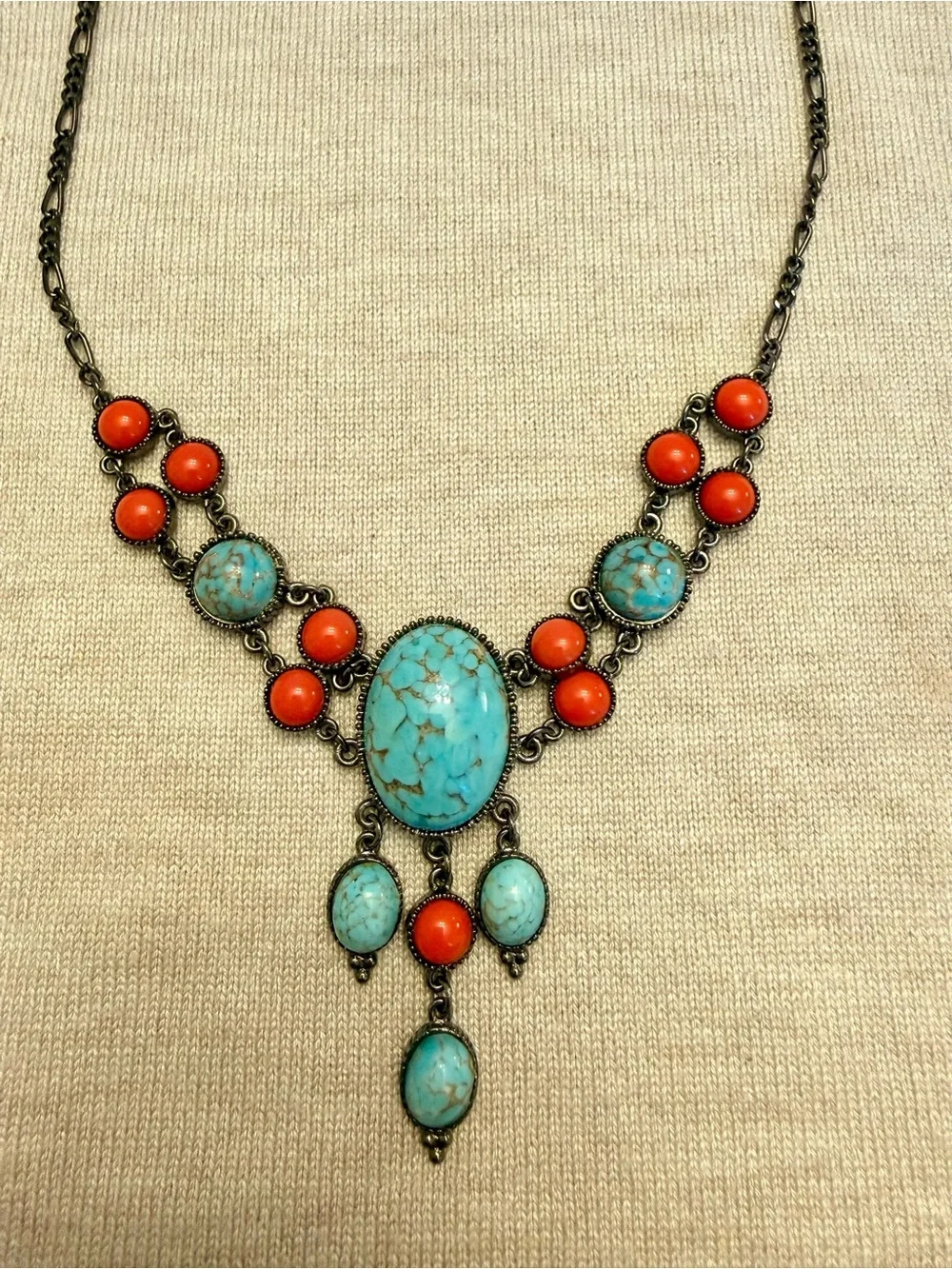 Faux Turquoise and Faux Coral Statement Necklace with Matching Earrings